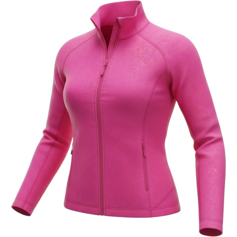 Hot Pink Embossed Floral Fleece Lined Full Zip Performance Jacket Mock Neck